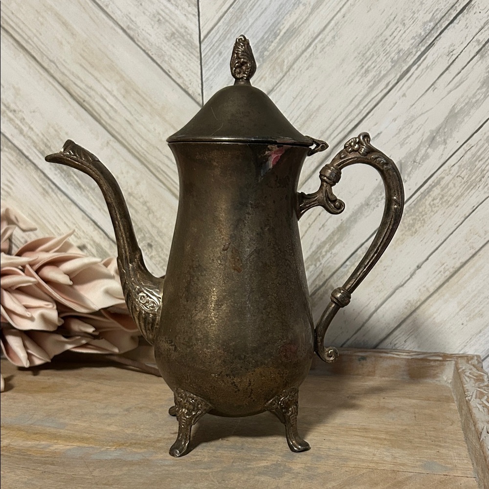 Vintage Metal Tea Pot with Patina Hinged Lid Footed 10”